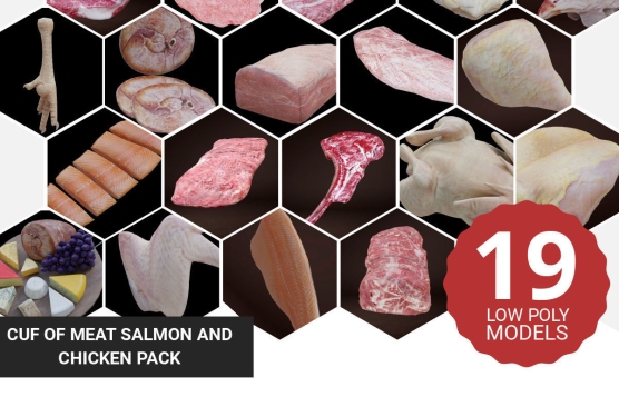 19 Cuf of meat salmon and Chicken Pack 3d Low poly